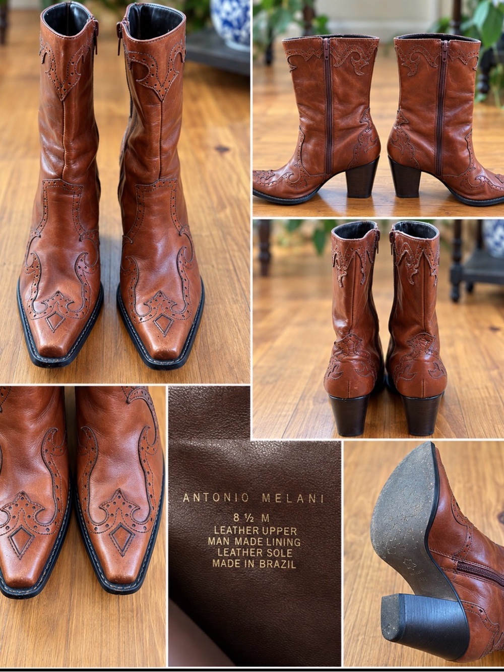 ANTONIO MELANI Cognac Brown Leather Western Mid-Calf Boots